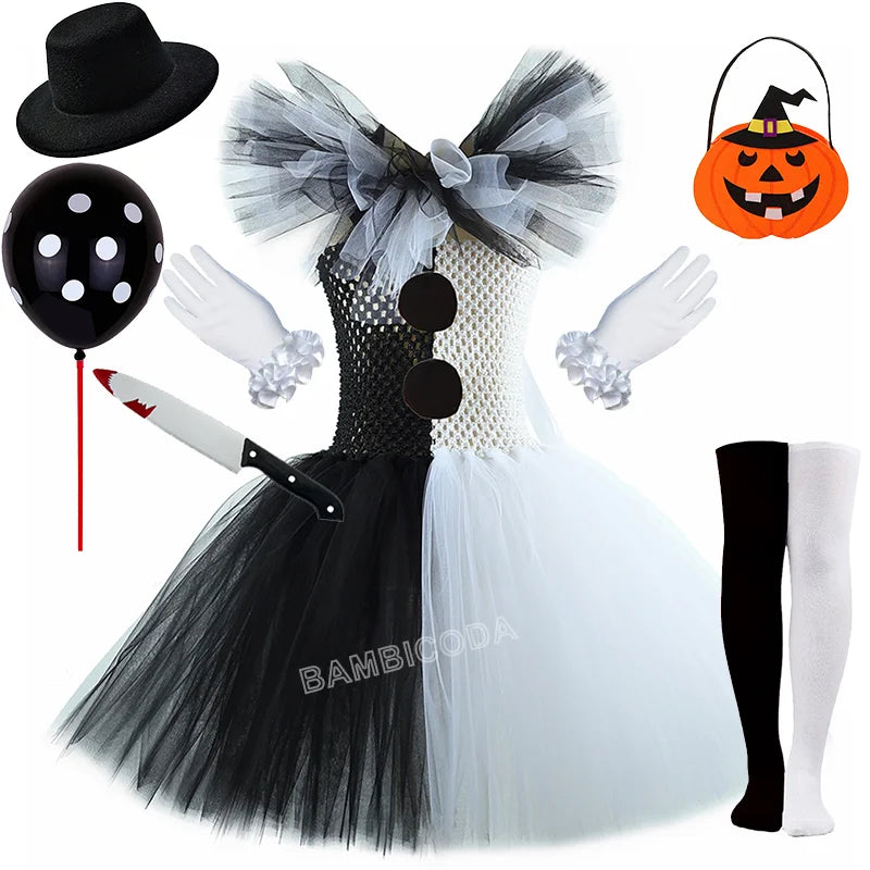 Girls Black White Horror Clown Tutu Dress Costume