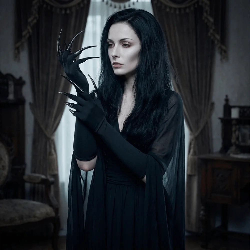 Gothic Black Long Gloves with Detachable Claw Nails