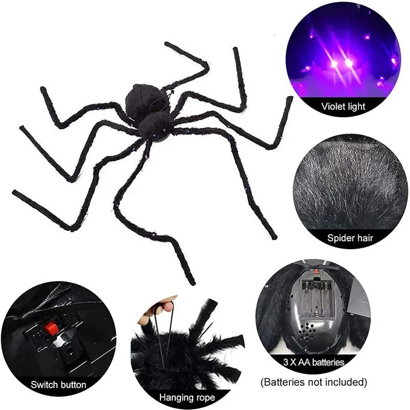 Halloween Black Giant Spider Scary Artificial Plush Spider Home Bar Haunted House Scene Ornaments Props Holiday Outdoor Decors