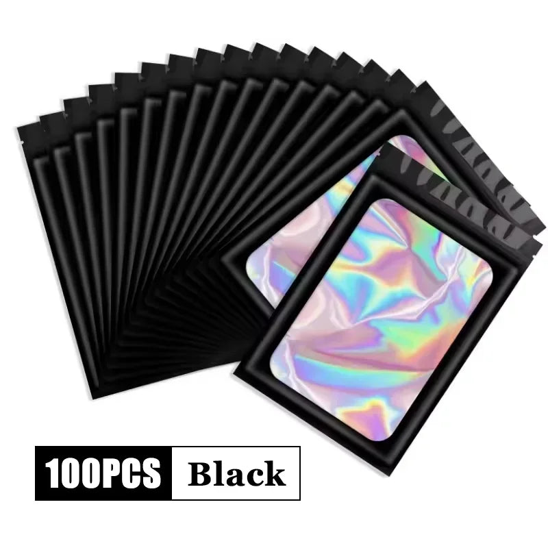 500Pcs Holographic Ziplock Bags Plastic Laser Iridescent Zip Bags for Manicure Eyelash Display Earrings Ring Jewelry Storage Bag