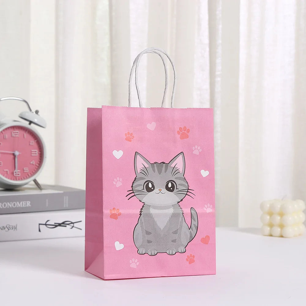 5/30/50pcs Cat Party Gift Bag Cute Kitten Candy Gift with Handle Paper Bag Baby Shower Kids Birthday Kitten Party Decor Supplies