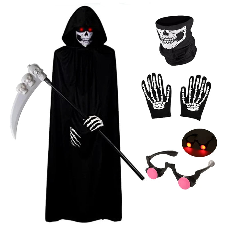 Kids Reaper Costume with Hood Scythe & Glowing Glasses