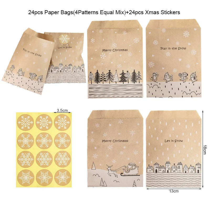 24 Sets Vintage Christmas Kraft Paper Bags Let it Snow Candy Treat Bag with Stickers Advent Calendar Xmas Party Favor Gift Pouch