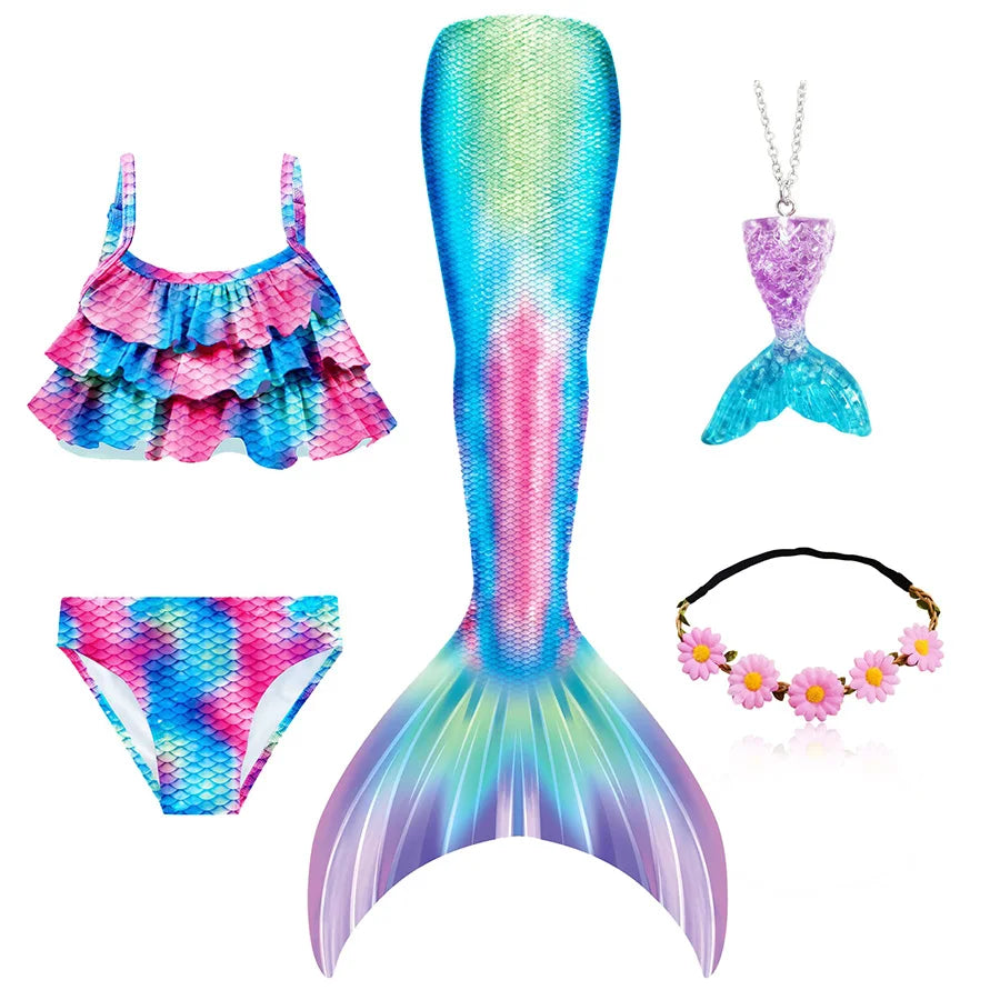 Girls Mermaid Tail Swimsuit Costume with Optional Monofin