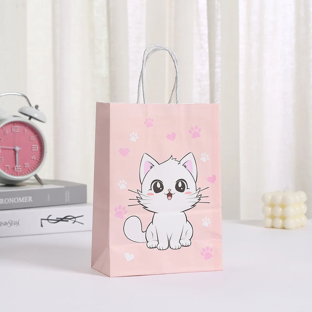 5/30/50pcs Cat Party Gift Bag Cute Kitten Candy Gift with Handle Paper Bag Baby Shower Kids Birthday Kitten Party Decor Supplies