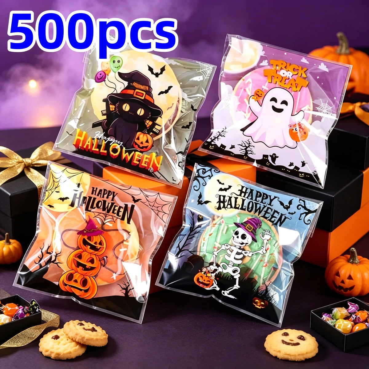 50/100/500Pcs Spooky Halloween Candy Bags Pumpkin Ghost Gift Cookie Self-Sealing Bags Halloween Party Decor Trick or Treat