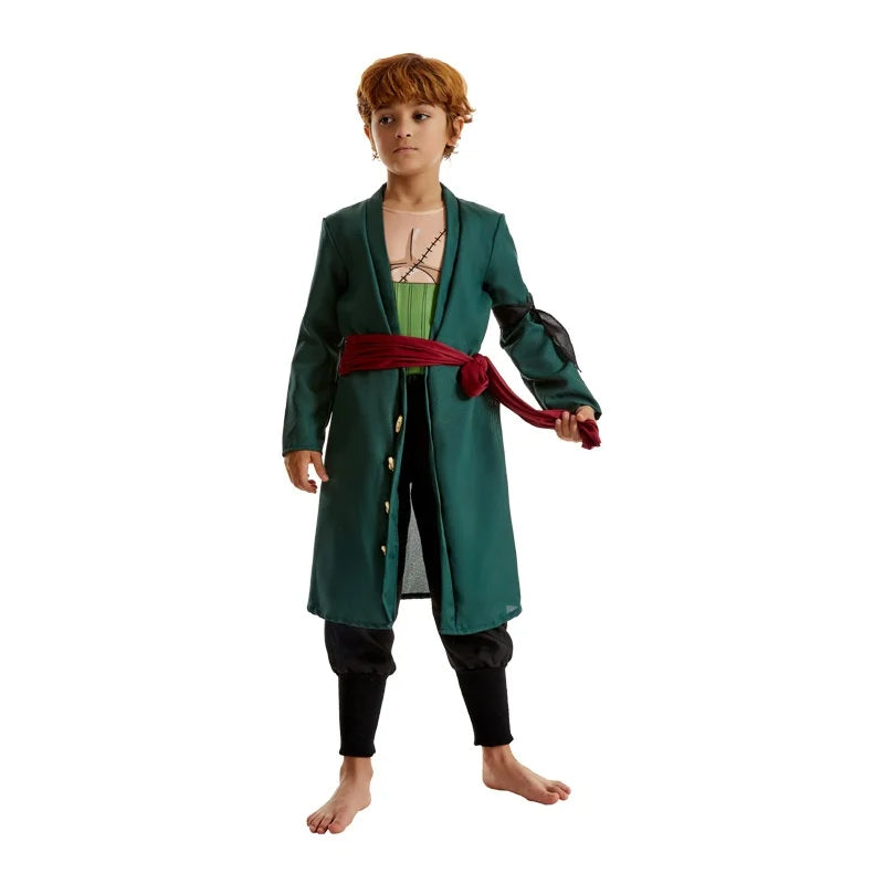 Men’s Green Anime-Inspired Cosplay Coat Pants Set