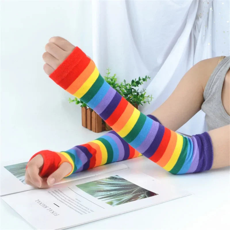 Long Knitted Fingerless Elbow Gloves with Striped Design