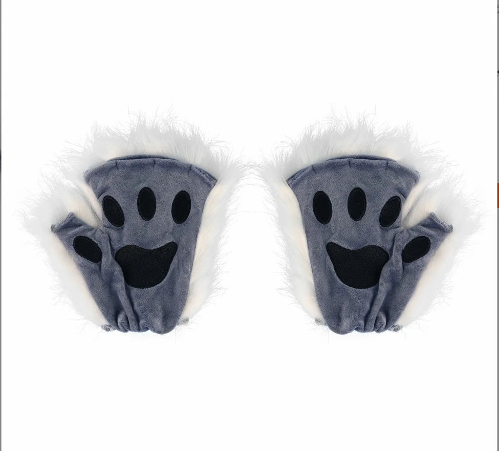 Wolf Paw Gloves Faux Fur Cat Fingerless Mittens Winter Warm Cosplay Halloween Fancy Party Costume Accessories