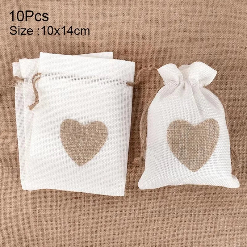 10Pcs Natural Linen Burlap Bag Heart Jute Drawstring Candy Gifts Packaging Bags For Wedding Birthday Party Decor Jewelry Pouches
