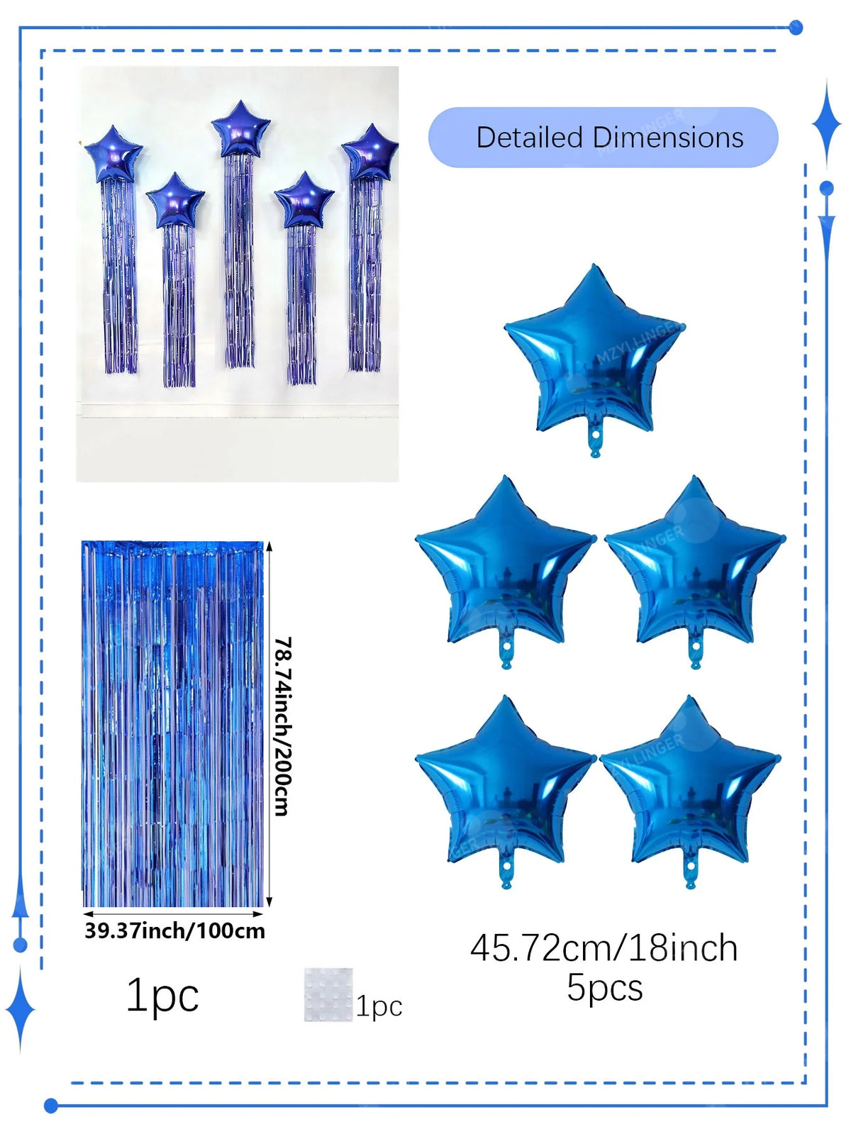 Five pointed star balloon and tassel rain curtain set for birthday parties, weddings, showers, party decorations (multiple color