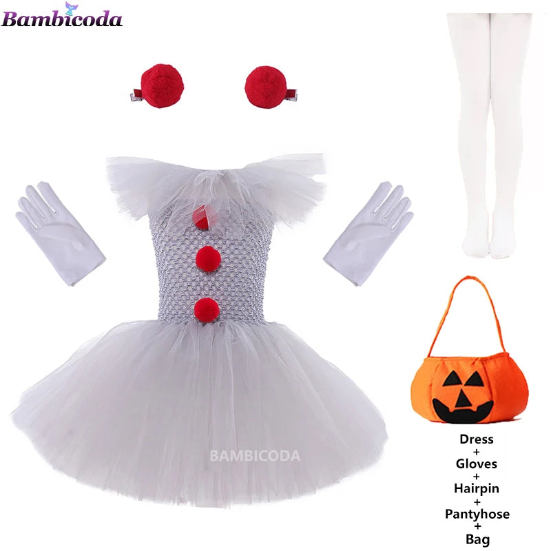 Girls Gray Clown Tutu Dress Halloween Costume
