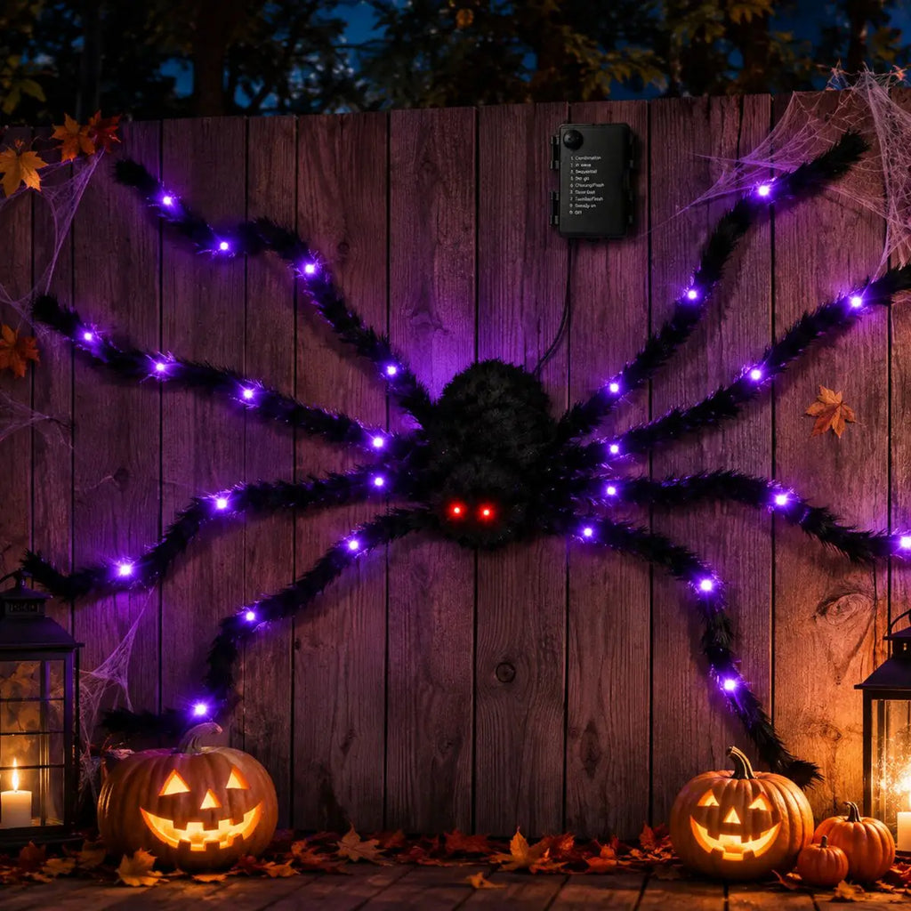 1pc Halloween Giant Light Up Fuzzy Black Spider Purple LED Battery Powered 8 Modes Spider Lights For Indoor Outdoor Porch Decor