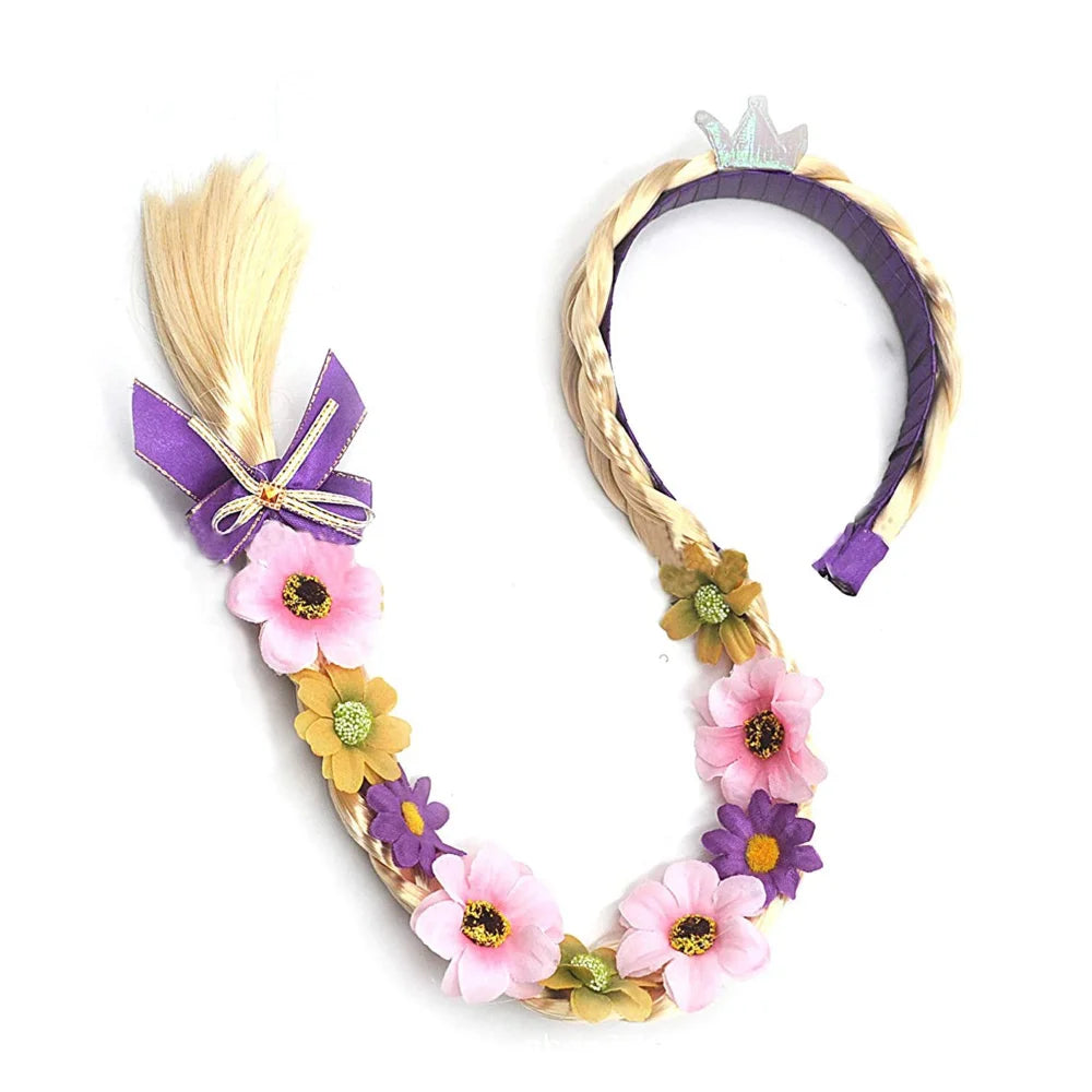 Long Braided Princess Wig with Floral Headband for Girls