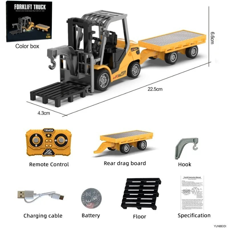 1:64 2.4G RC Mini Alloy Car Forklift with Trailer Excavator Desktop Game Remote Control Engineering Lift Truck Child's Toy Gifts