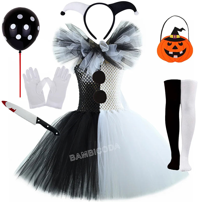 Girls Black White Horror Clown Tutu Dress Costume