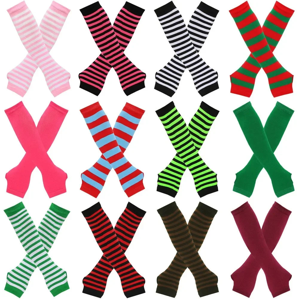 Long Knitted Fingerless Elbow Gloves with Striped Design