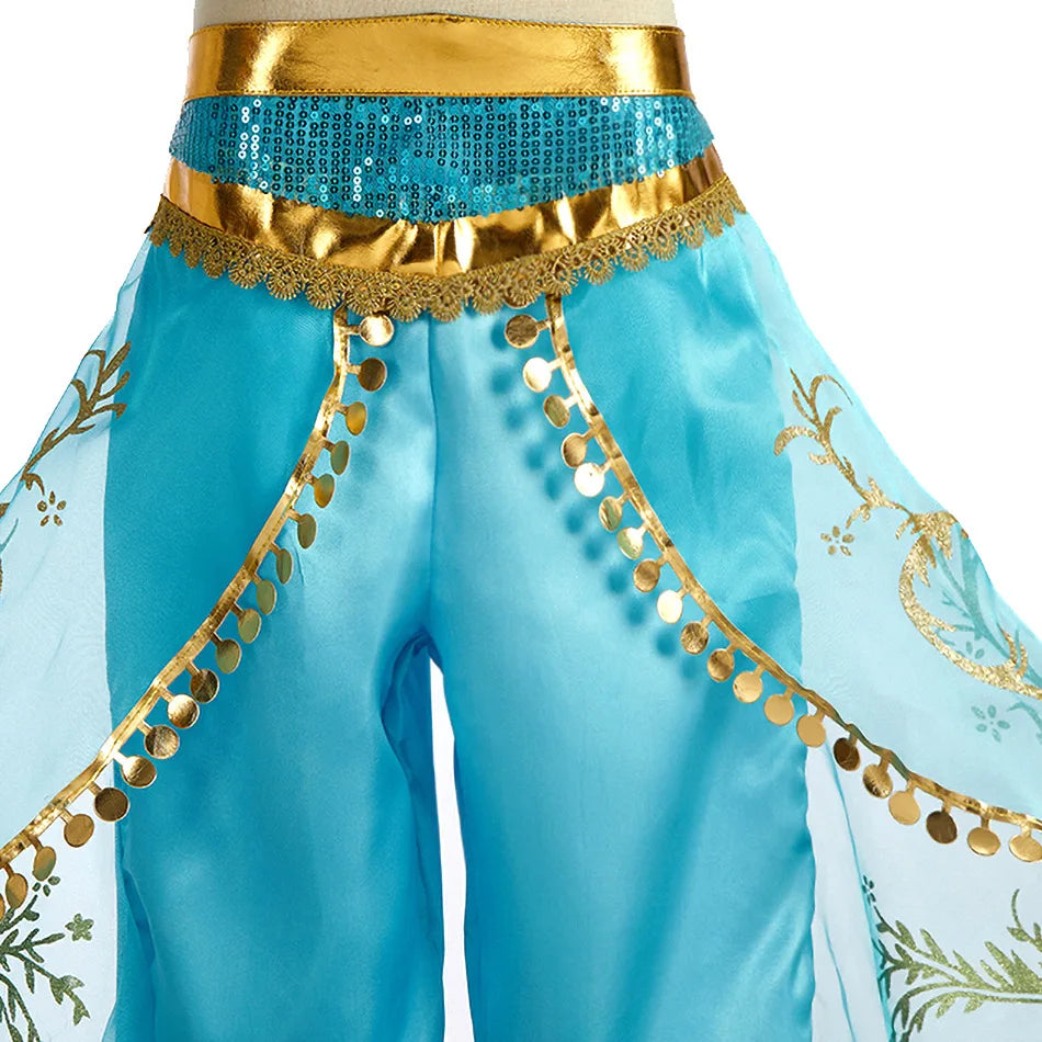 Title Girls Princess Jasmine Cosplay Costume Set Kids Arabian Outfit With Wig Crown Lamp Halloween Carnival Birthday Party Fancy Dress