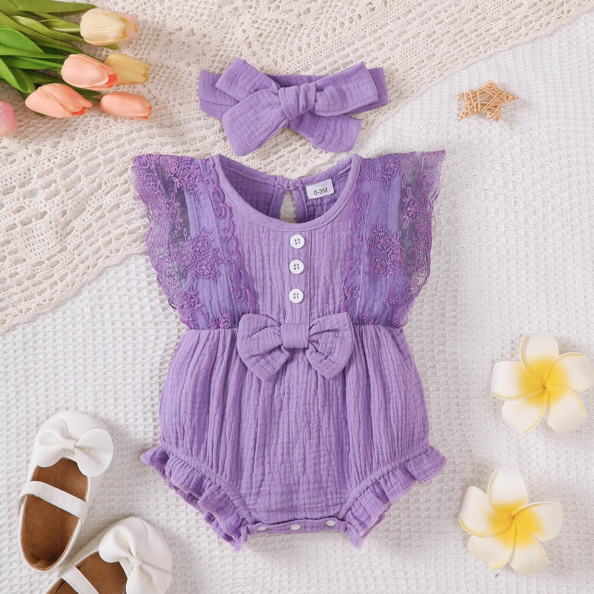 2PCS Newborn Baby Girl Romper Plain Soft Bodysuit Lace Sleeveless Onesie+Headband Summer Costume Toddler Girl Clothes 0-18Months