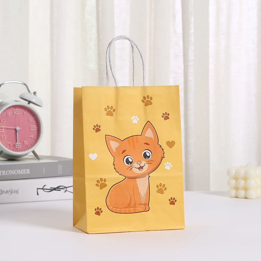 5/30/50pcs Cat Party Gift Bag Cute Kitten Candy Gift with Handle Paper Bag Baby Shower Kids Birthday Kitten Party Decor Supplies
