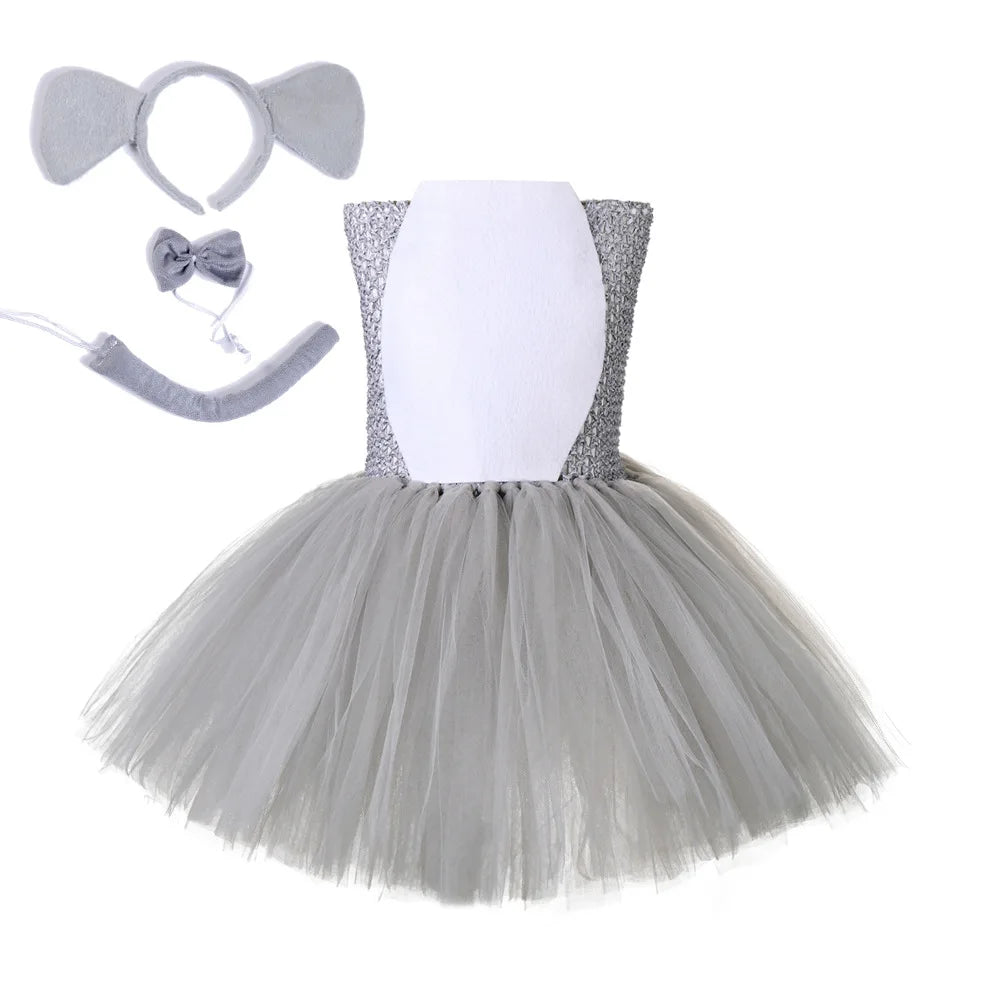 Cute Girls Jungle Theme Animal Costume Elephant Zebra Gray Wolf Suit Dress Halloween Baby Birthday Party Gorgeous Princess Gift