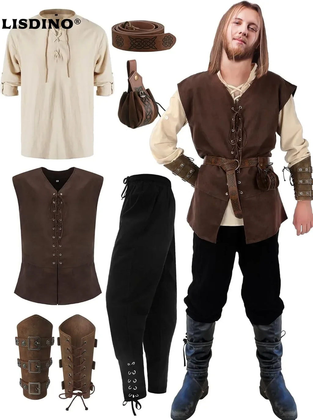 Men’s Renaissance Medieval Costume Set with Vest & Belt