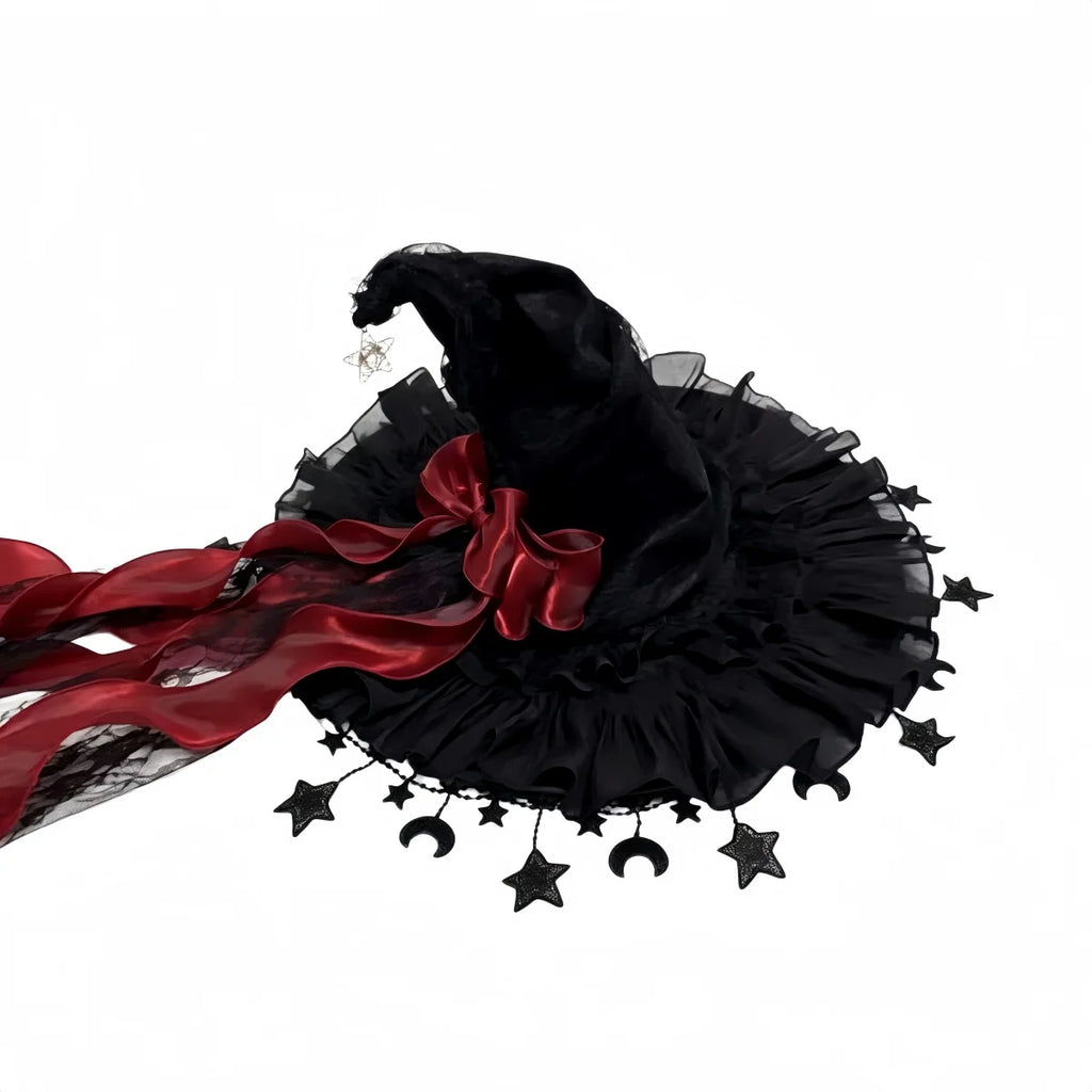 Lace Velvet Witch Hat with Lace Trim and Moon Pendant for Halloween Costume Party Masquerade Cosplay Party Accessory