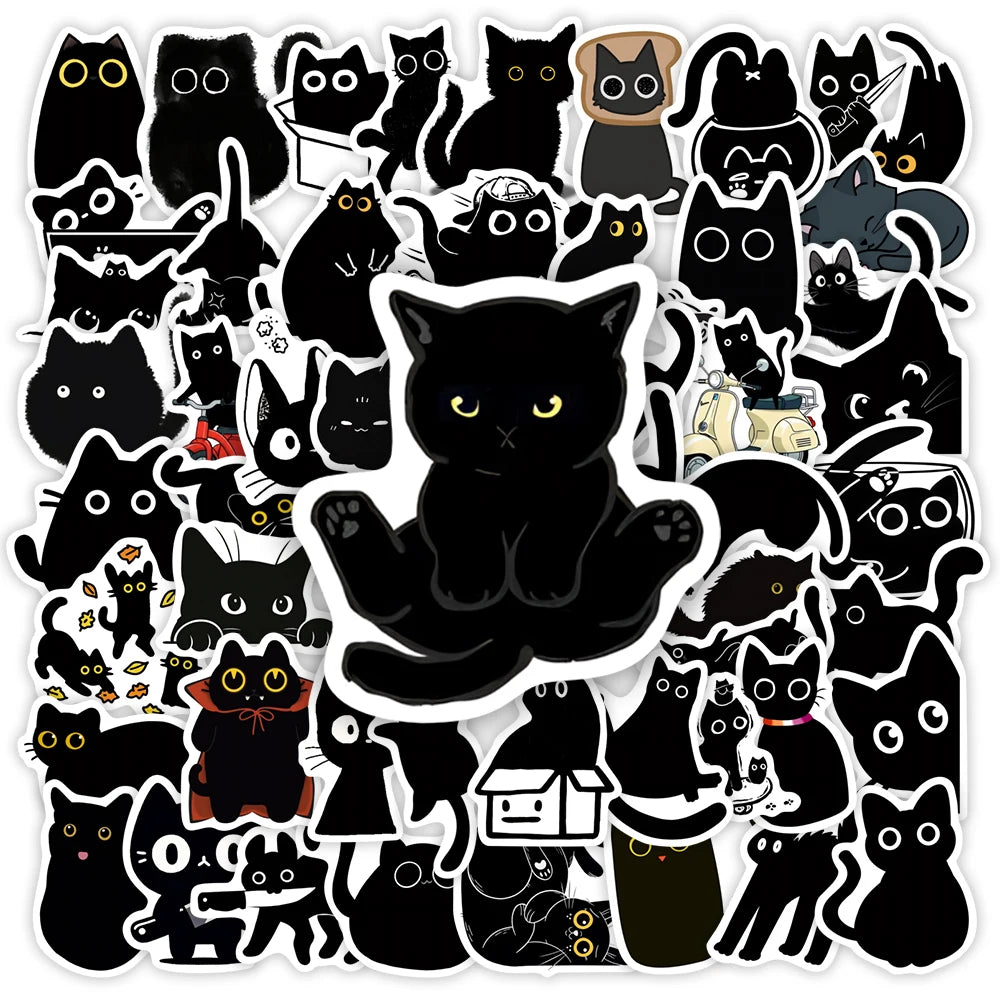 Funny Black Cat Cartoon Stickers DIY Waterproof Decals for Scrapbook Diary Junk Journals Laptop Phone Luggage Bottles Decoration