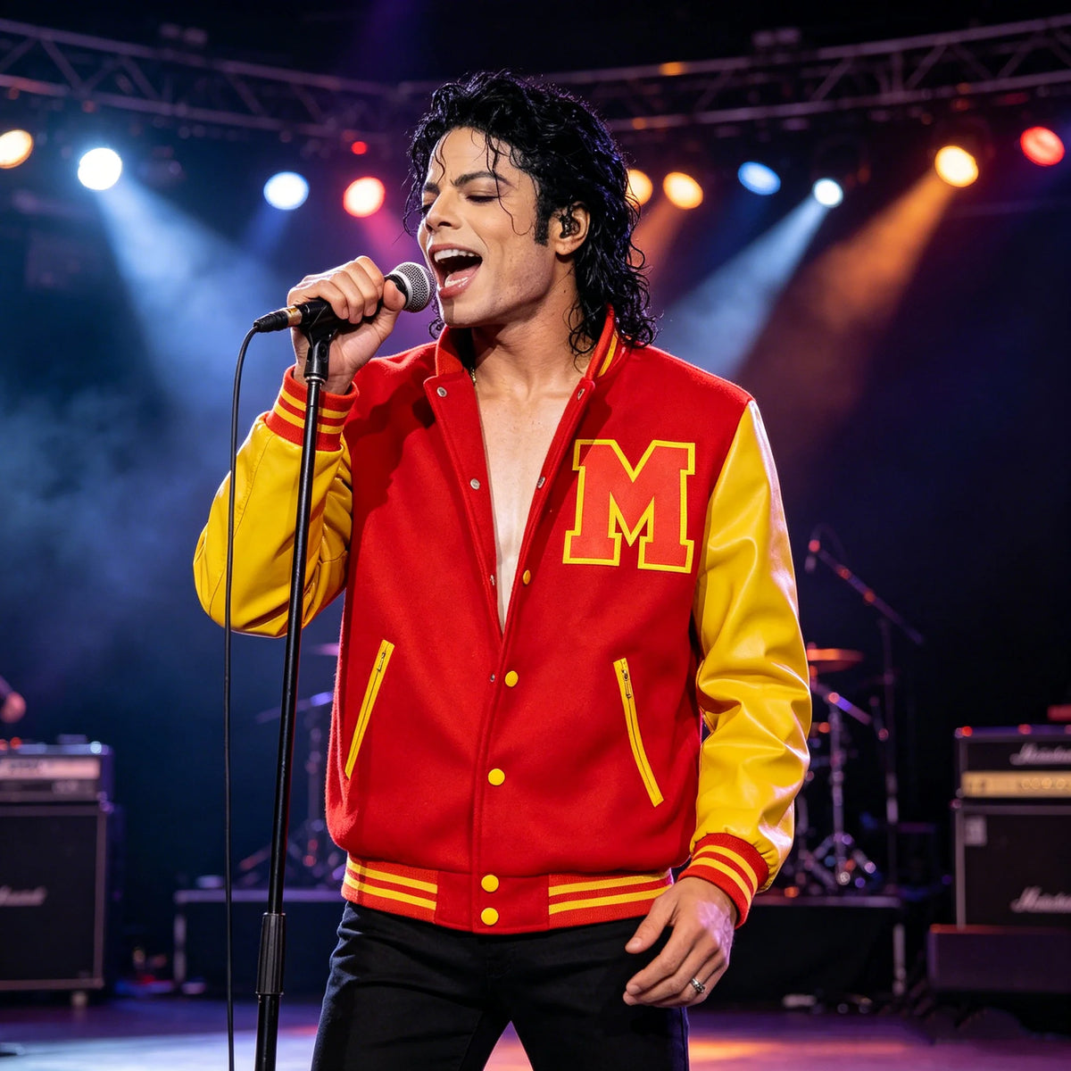 Men's Red Yellow Colorblock Varsity Bomber Cosplay Jacket
