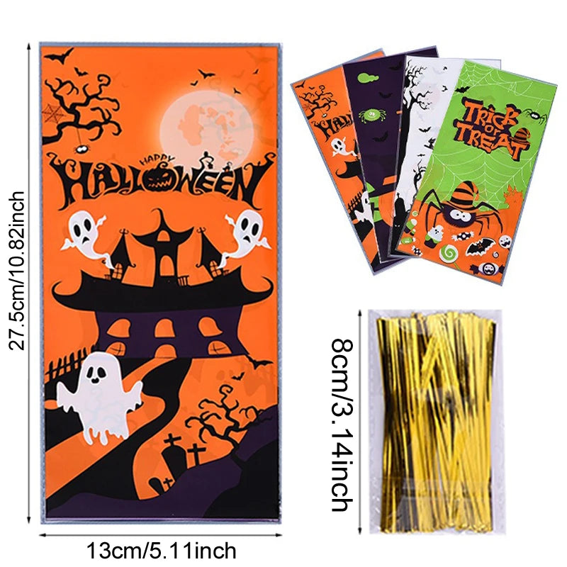 50/100PCS Treat Bags Pumpkin Ghost Bat Plastic Candy Bags with Twist Ties Halloween Party DIY Decoration Gift Packaging Bags ZYF