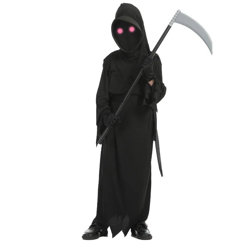 Kids Grim Reaper Costume with Glowing Eyes, Robe & Props