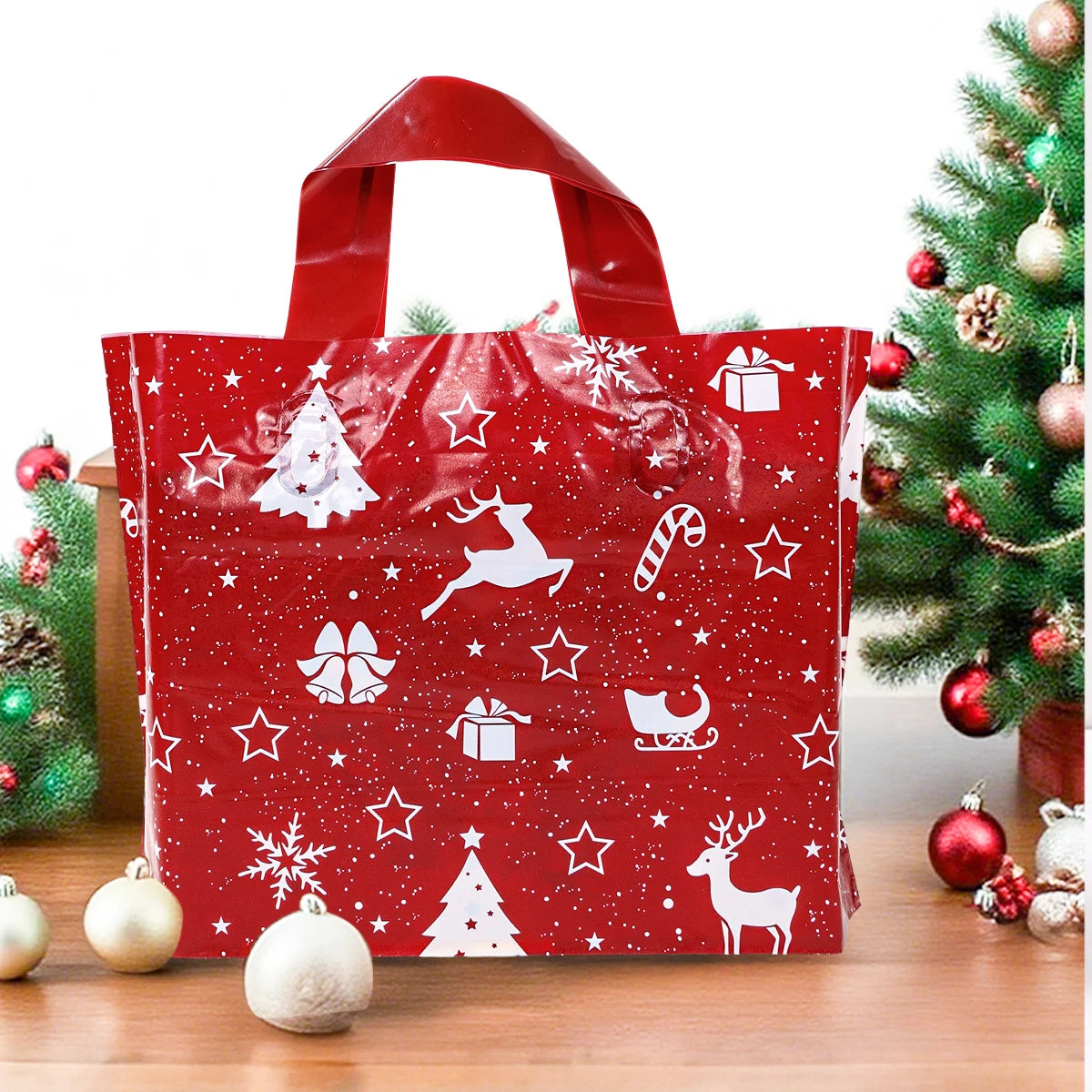 10/20pcs Christmas Gift Bags Red Elk Snowflake Tote Bag Children's Gift Bags Plastic Candy Cookie Bag Christmas Party Decoration