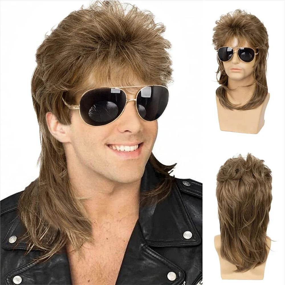 Men's Curly Mullet Wig Synthetic Hair 70s 80s Retro Costume