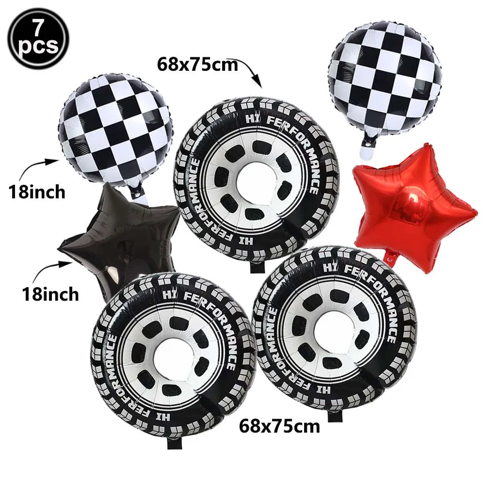Racing Car Balloon Traffic Cone Balloon Tire Wheel Balloons Black White Checkered Race Car Theme Kids Birthday Party Decorations