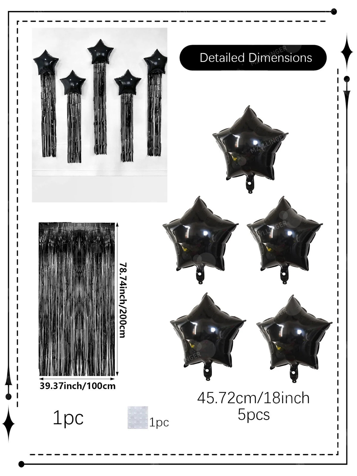 Five pointed star balloon and tassel rain curtain set for birthday parties, weddings, showers, party decorations (multiple color