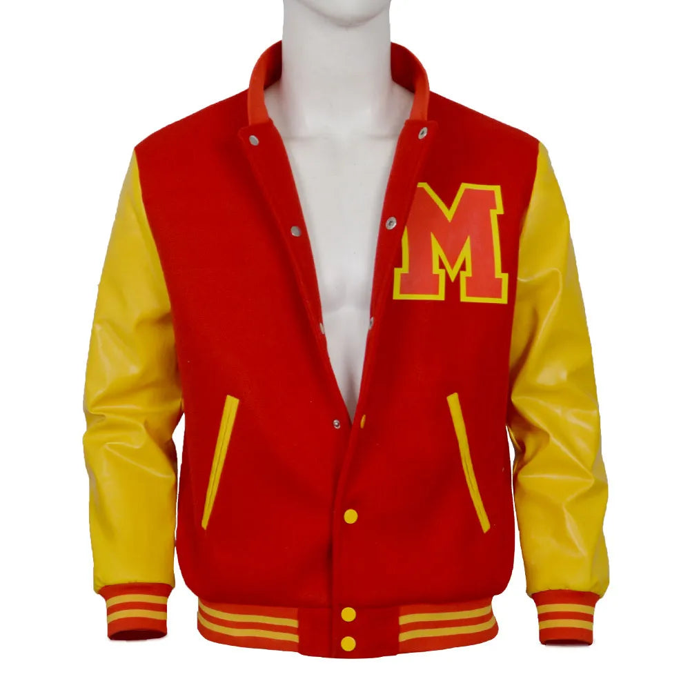 Men's Red Yellow Colorblock Varsity Bomber Cosplay Jacket