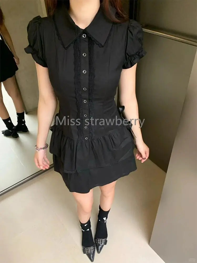 Women’s Vintage Black Short Sleeve Patchwork Gothic Dress