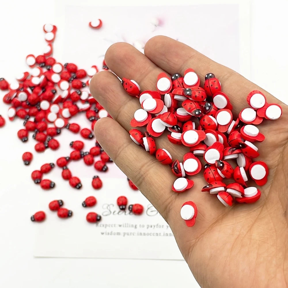 100pcs Wooden Mini Ladybugs Stickers, 8x11mm Self Adhesive Red Painted DIY Craft Scrapbooking Home Garden  Party Decoration
