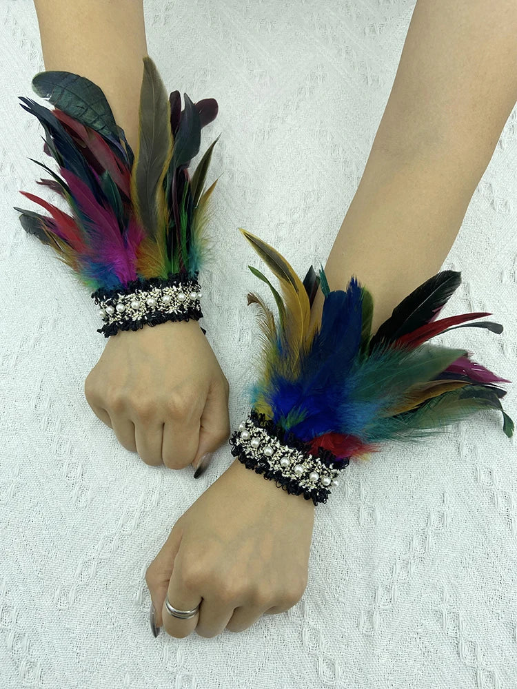 Natural Feather Wrist Cuffs Elegant Fur Sleeve Arm Accessories Gothic Halloween Cosplay Feather Gloves Pearl Arm Cuff 2pcs