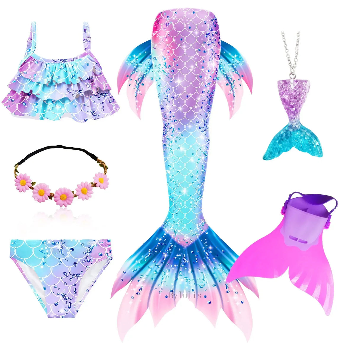 Girls Mermaid Tail Swimsuit Costume with Optional Monofin
