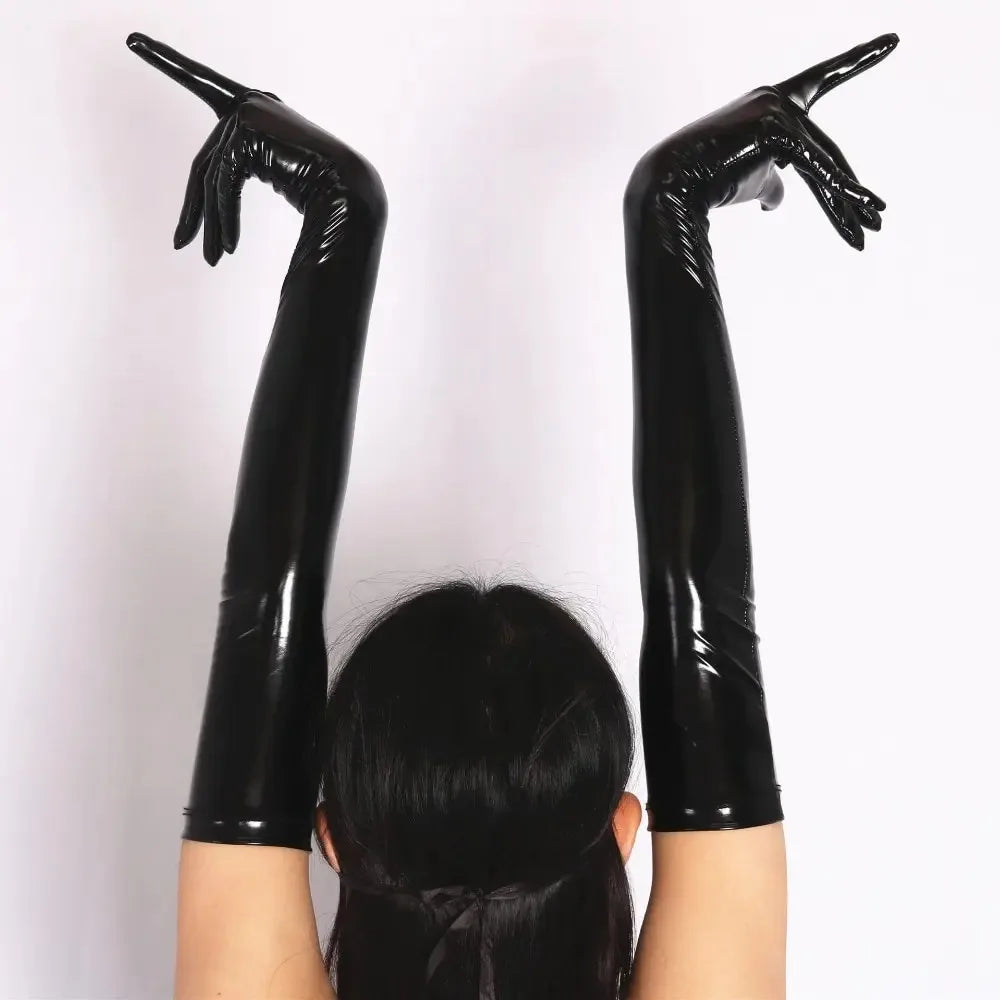 Adult Long Glossy Patent Leather Pole Dance Performance Gloves, Halloween Outfit Accessories, Form-Fitting Tight Gloves
