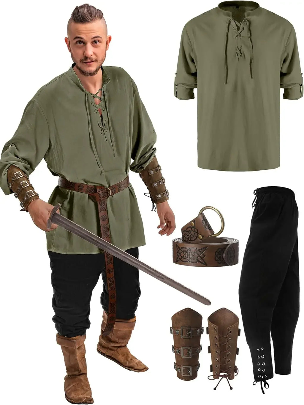 Men's Renaissance Costume Set with Shirt, Pants & Belt
