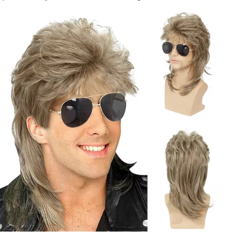 Men's Curly Mullet Wig Synthetic Hair 70s 80s Retro Costume