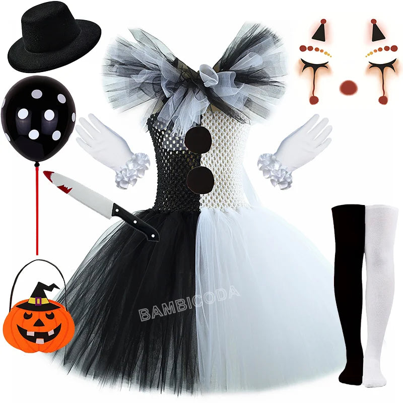 Girls Black White Horror Clown Tutu Dress Costume