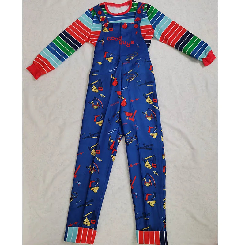 Adult Horror Doll Costume with Striped Shirt & Jumpsuit