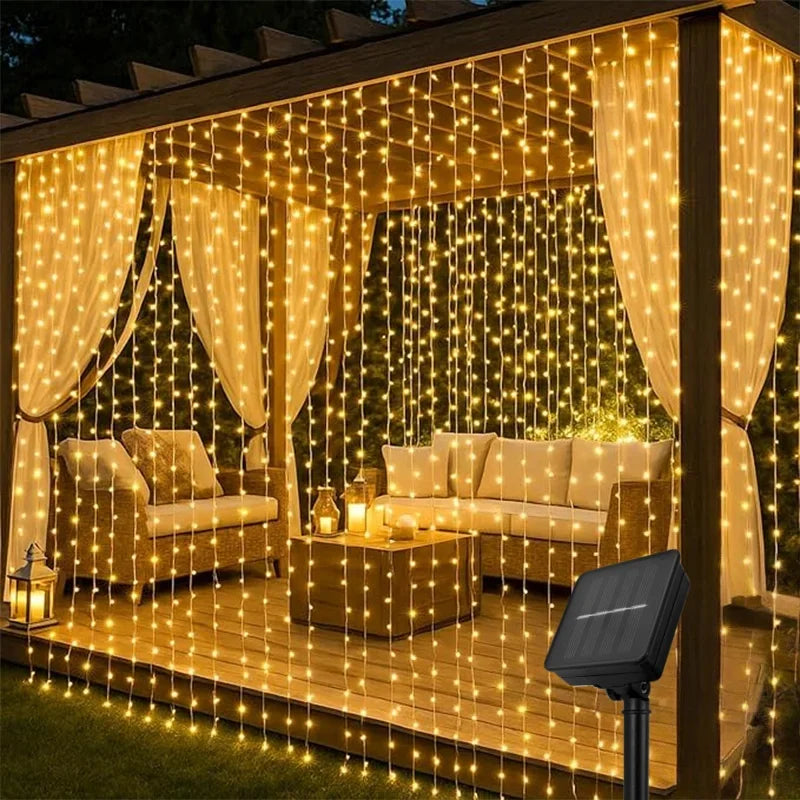 Outdoor Solar Curtain Light 3x3M 300Leds Holiday Decorations Garland 8 Modes Halloween Christmas Party Decor String Lights