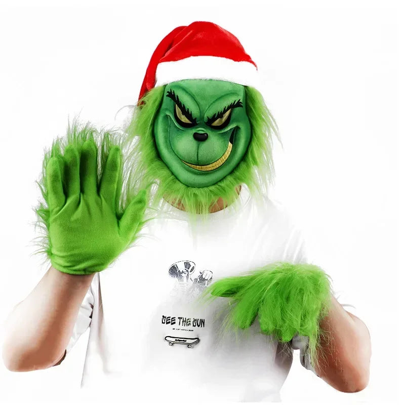 Christmas Thief Costume Set with Red Hat Green Mask and Gloves