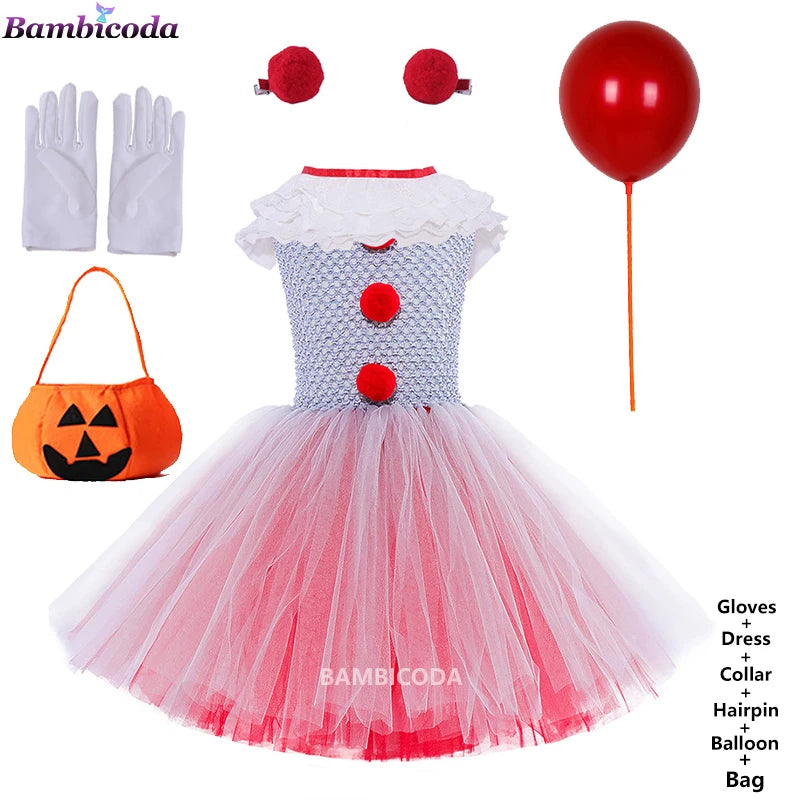 Girls Gray Clown Tutu Dress Halloween Costume