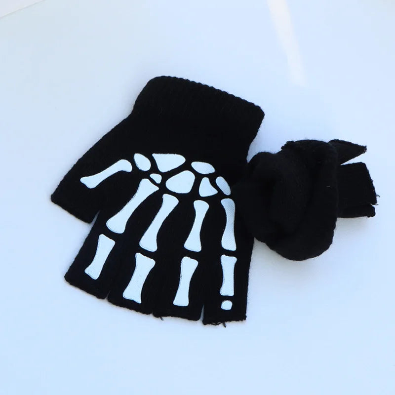 Halloween Skeleton Skull Half Finger Luminous  Fingerless Stretch Knitted Gloves Skull Fingerless Black Mitten