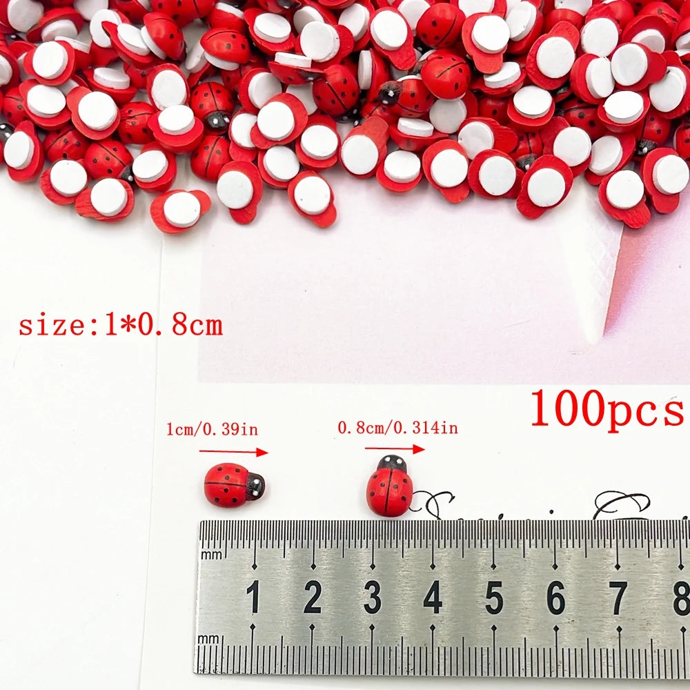 100pcs Wooden Mini Ladybugs Stickers, 8x11mm Self Adhesive Red Painted DIY Craft Scrapbooking Home Garden  Party Decoration
